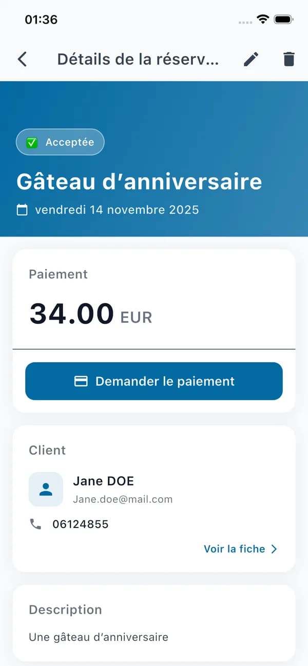 Capture d'écran Kazalendar : demande de paiement en ligne pour commande professionnelle